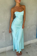 Lavender Strapless Sheath Satin Open Back Long Prom Dresses – Prom Dress by KissProm | Available at KissProm