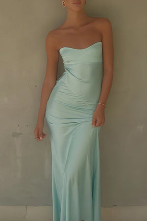 Lavender Strapless Sheath Satin Open Back Long Prom Dresses – Prom Dress by KissProm | Available at KissProm