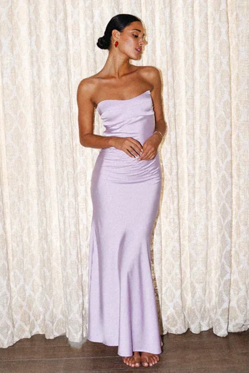 Parisia | Lavender - Strapless Sheath Satin Open Back Long Prom Dresses - KissProm