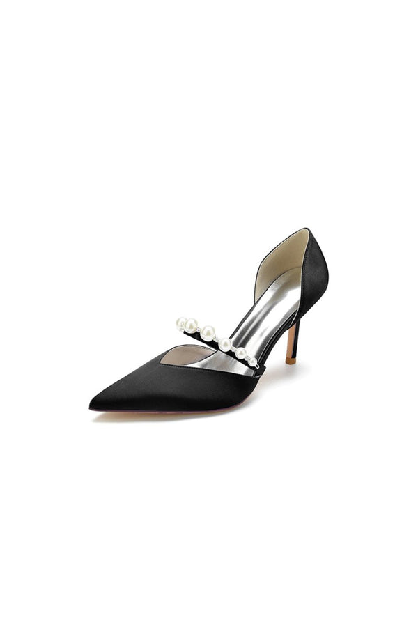 Party Pearl Strap Pointed Toe Satin High Heels - KissProm