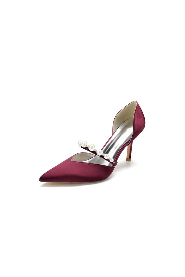 Party Pearl Strap Pointed Toe Satin High Heels - KissProm