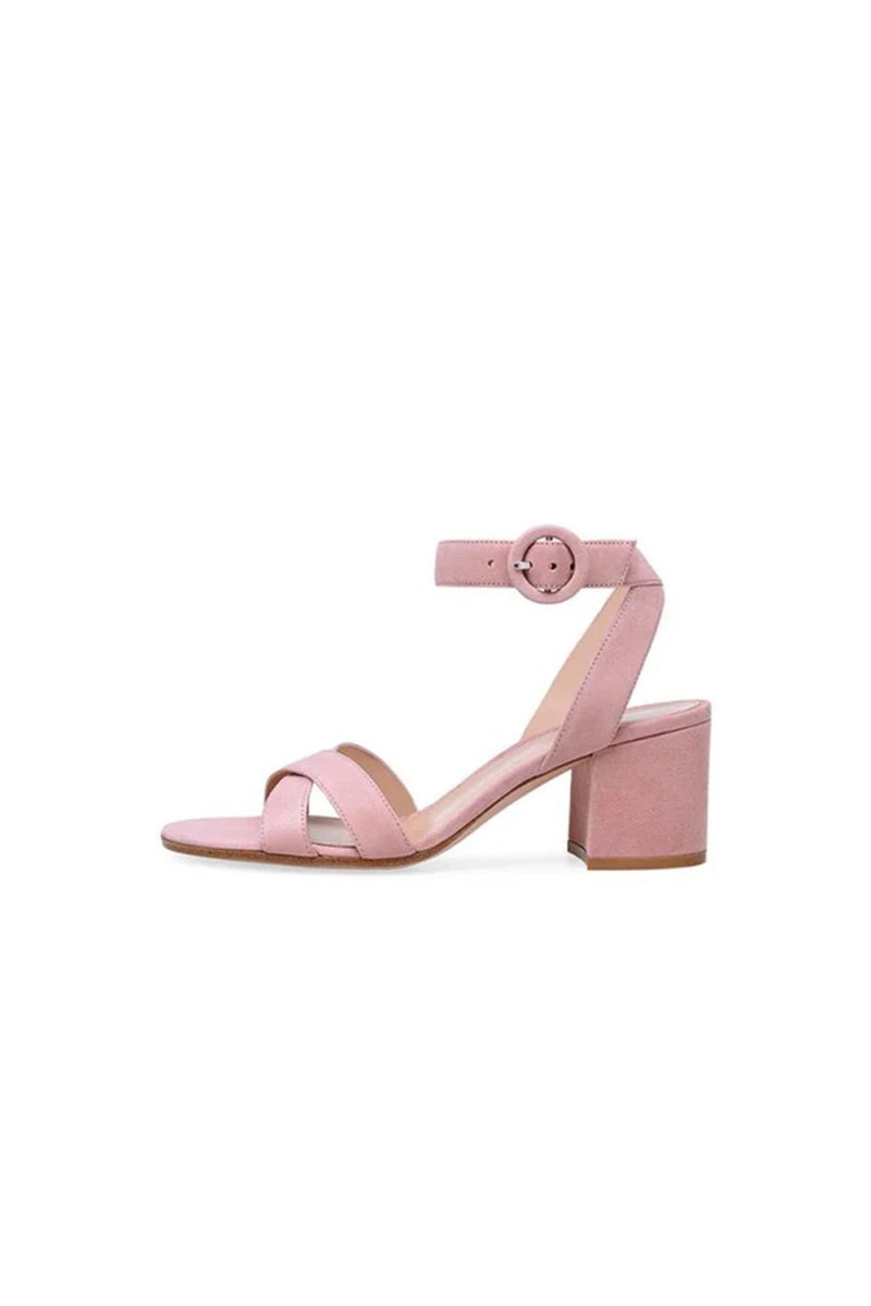 Party Suede Peep Toe Chunky Heel Shoes With Buckle Ankle Strap - KissProm