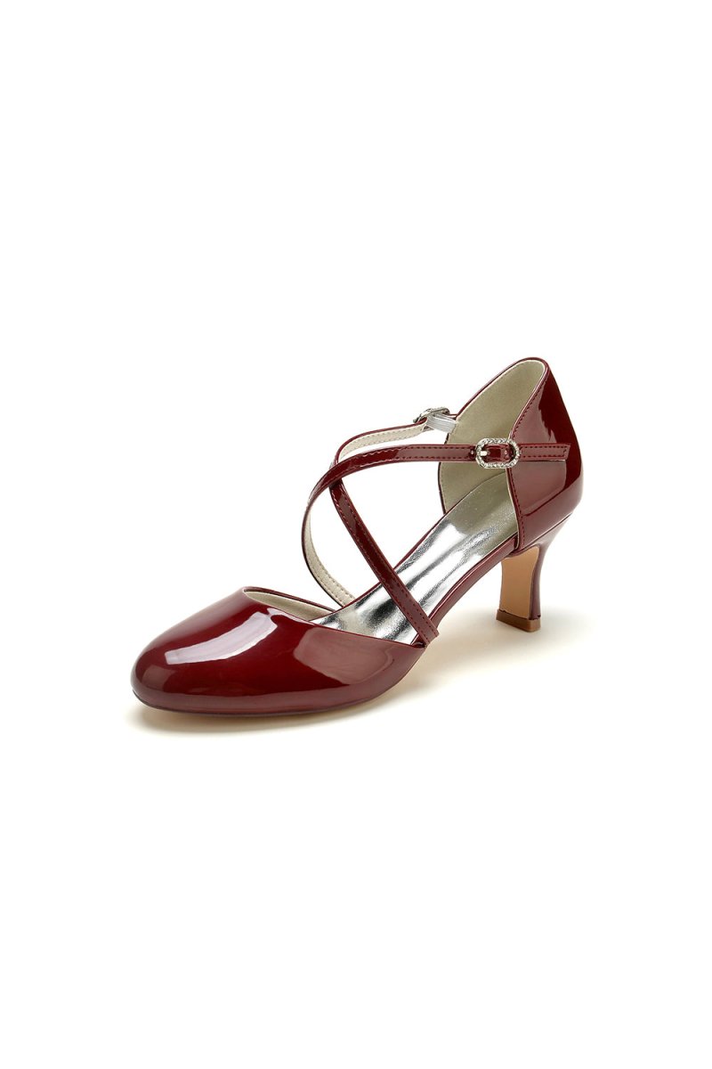 Patent Leather Wedding Chunky Heels with Straps - KissProm