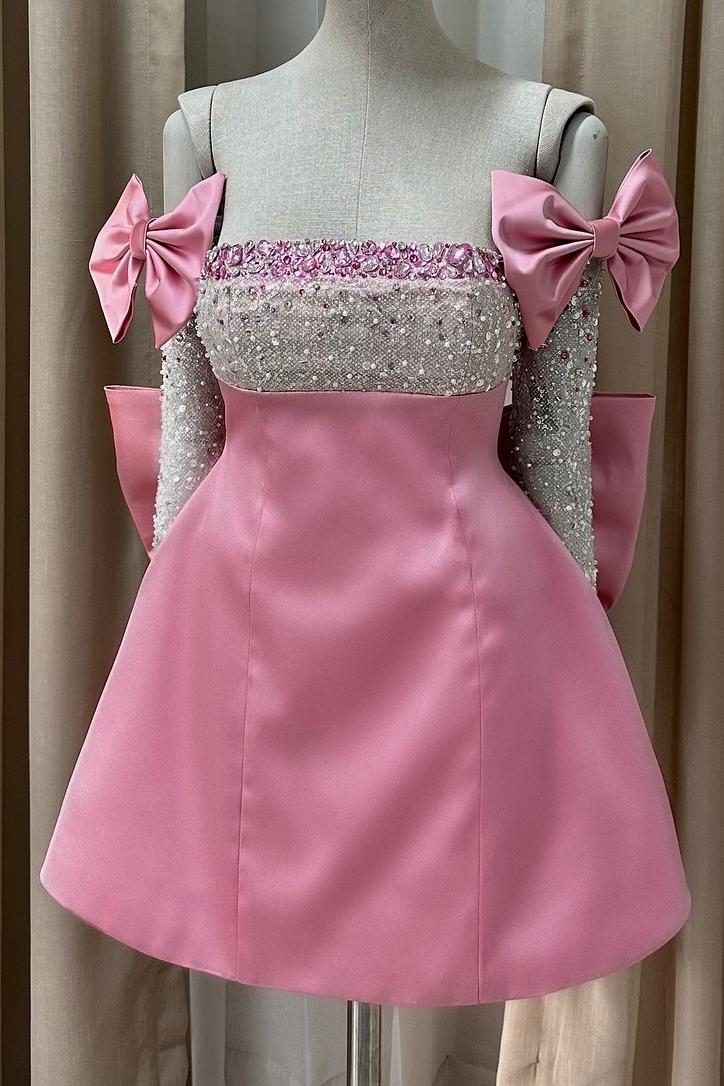 Pavonia | Pink - Strapless Satin Beaded A Line Homecoming Dress With Detachable Bow Sleeves