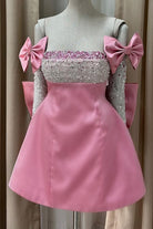 Pavonia | Pink - Strapless Satin Beaded A Line Homecoming Dress With Detachable Bow Sleeves