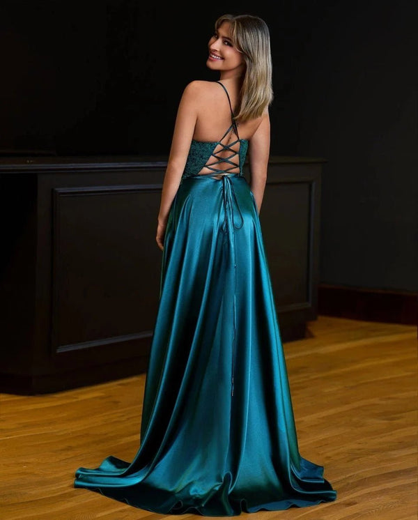 Peacock A-Line Appliqued Spaghetti Straps Long Formal Dress With Slit (2) | KISSPROM