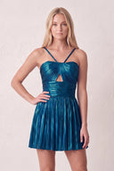 Peacock A-Line Metallic Spaghetti Strap Pleated Homecoming Dress | KISSPROM