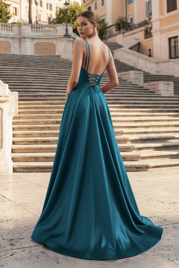 Peacock A Line Satin Spaghetti Straps Long Formal Dress With Slit (2) | KISSPROM