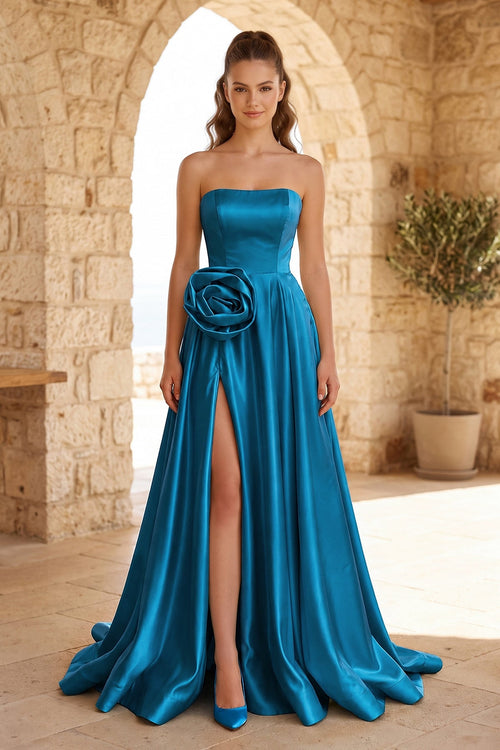 Peacock A-Line Strapless Satin Long Formal Dress With High Slit | KISSPROM