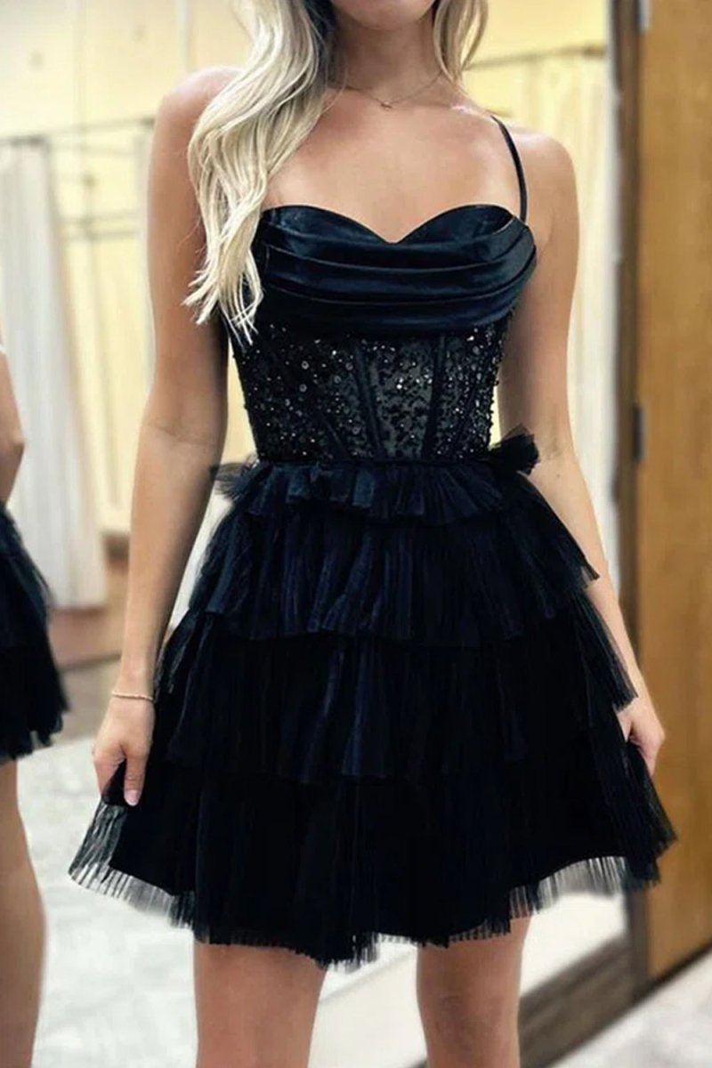 Aislinn | Peacock Blue Spaghetti Straps A - Line Tulle Tiered Corset Homecoming Dress - KissProm