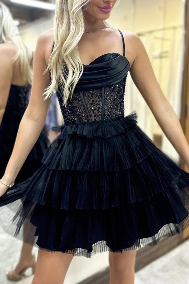 Aislinn | Peacock Blue Spaghetti Straps A - Line Tulle Tiered Corset Homecoming Dress - KissProm