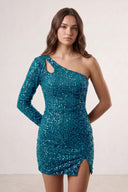 Peacock Bodycon One Shoulder Long Sleeves Sequins Mini Party Dresses | KISSPROM