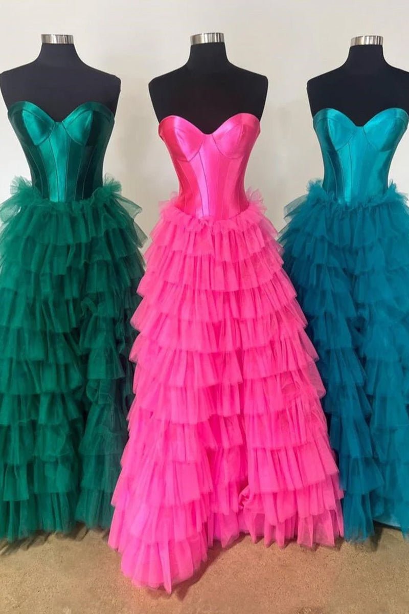 KissProm-Harmony Fuchsia A-Line Sweetheart Tiered Tulle Prom Dress with Slit