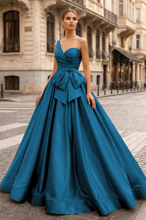 KissProm-Peacock One Shoulder Satin A Line Prom Dress With Bow