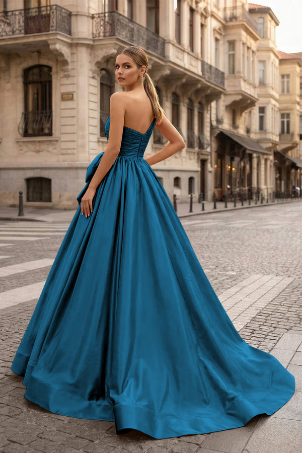 KissProm-Peacock One Shoulder Satin A Line Prom Dress With Bow