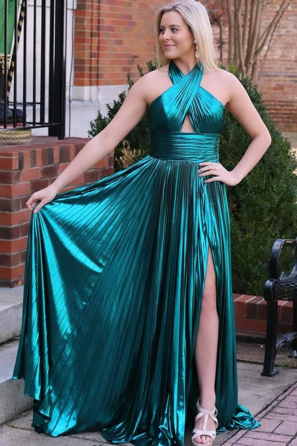 KissProm-Peacock Halter Neck A-Line Long Prom Dress With Split