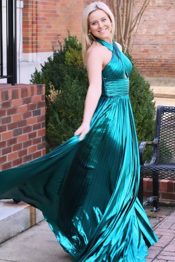 KissProm-Peacock Halter Neck A-Line Long Prom Dress With Split