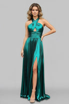 Peacock Halter Neck A - Line Long Prom Dress With Split - KissProm