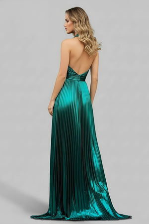 Peacock Halter Neck A - Line Long Prom Dress With Split - KissProm