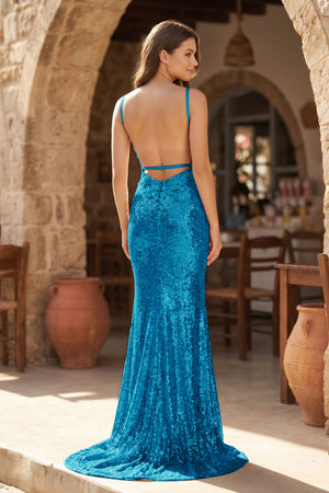 Peacock Mermaid V Neck Sequins Prom Dress with Slit (3) | KISSPROM
