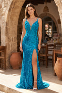 Peacock Mermaid V Neck Sequins Prom Dress with Slit | KISSPROM