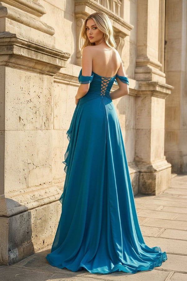 Peacock Off The Shoulder A Line Chiffon Pleated Long Prom Dresses With Slit - KissProm