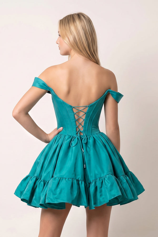 Peacock Off The Shoulder A Line Pleated Satin Short Homecoming Dress | KISSPROM