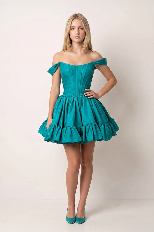 Peacock Off The Shoulder A Line Pleated Satin Short Homecoming Dress | KISSPROM