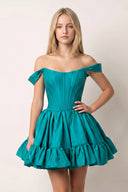 Peacock Off The Shoulder A Line Pleated Satin Short Homecoming Dress | KISSPROM