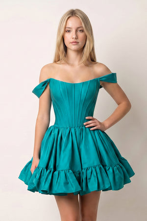 Peacock Off The Shoulder A Line Pleated Satin Short Homecoming Dress | KISSPROM