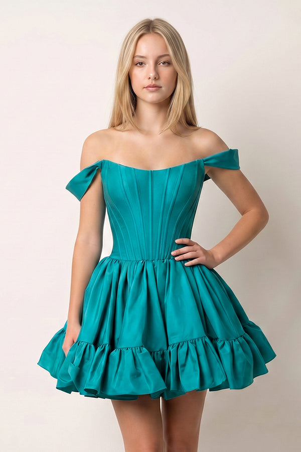 Peacock Off The Shoulder A Line Pleated Satin Short Homecoming Dress | KISSPROM