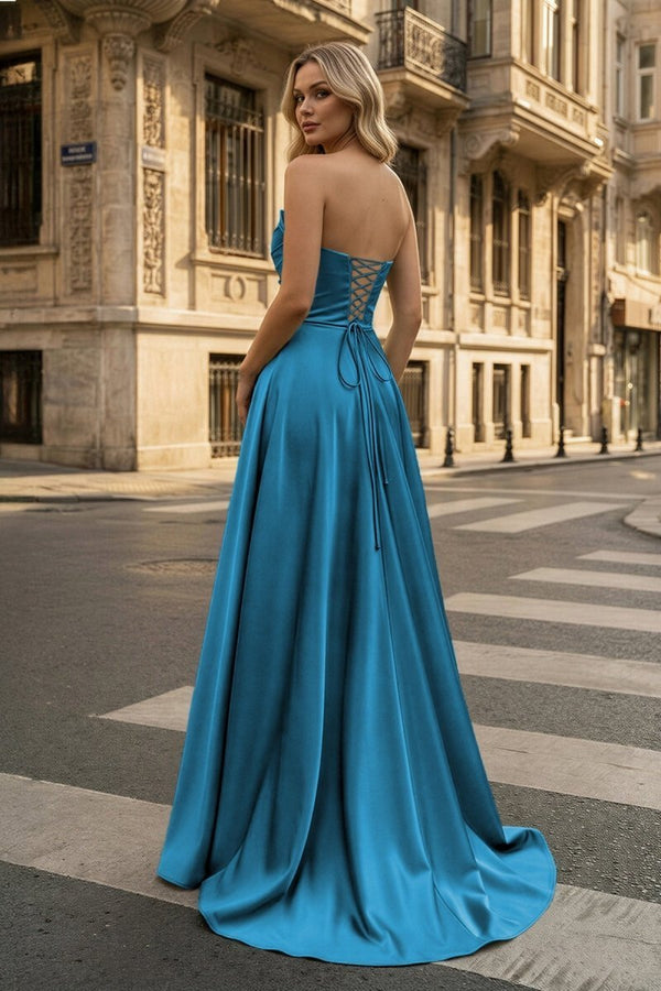 Peacock Satin A-Line Strapless Long Formal Dress With Slit (2) | KISSPROM