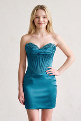 Peacock Sheath Sweetheart Corset Mini Party Dress with Appliques | KISSPROM