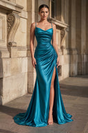 Peacock Spaghetti Straps Mermaid Satin Slit Prom Dresses | KISSPROM