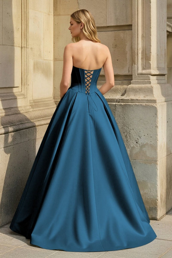 Peacock Strapless A Line Pleated Satin Long Prom Dresses With Flower - KissProm