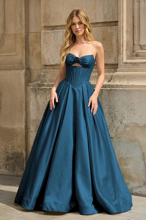Peacock Strapless A Line Pleated Satin Long Prom Dresses With Flower - KissProm