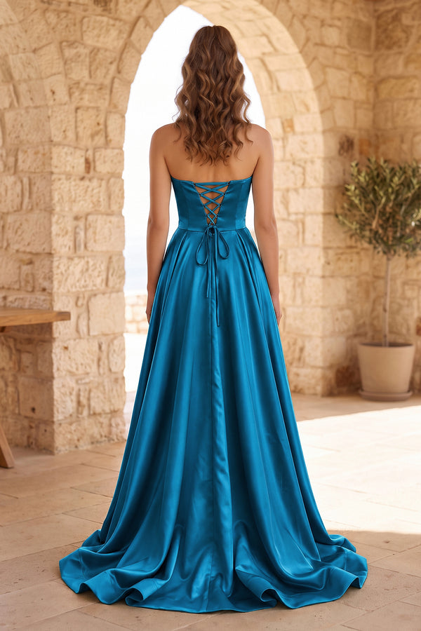 Peacock Strapless Satin Long Prom Dress With High Split (2) | KISSPROM