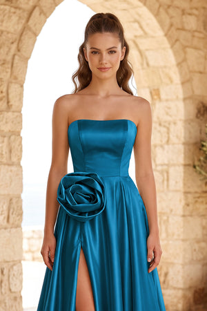 Peacock Strapless Satin Long Prom Dress With High Split (3) | KISSPROM