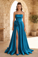 Peacock Strapless Satin Long Prom Dress With High Split | KISSPROM