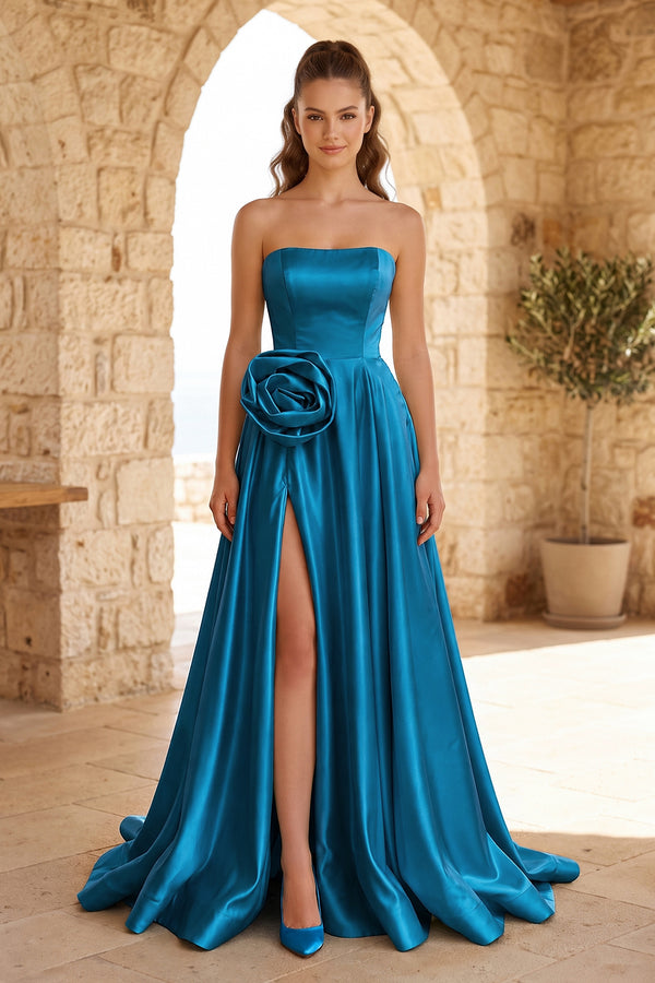 Peacock Strapless Satin Long Prom Dress With High Split | KISSPROM
