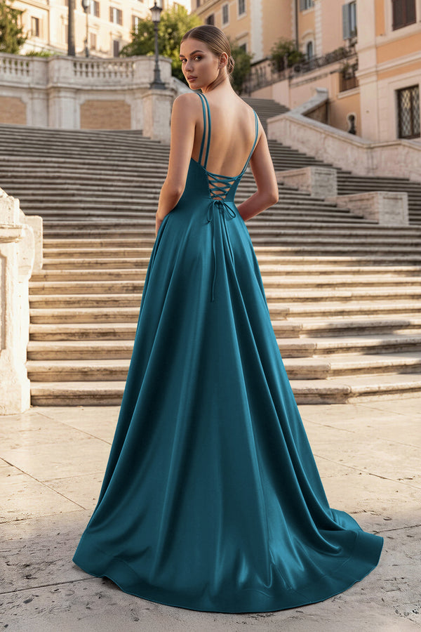 KissProm- Peacock V Neck A Line Satin Long Prom Dresses With Slit