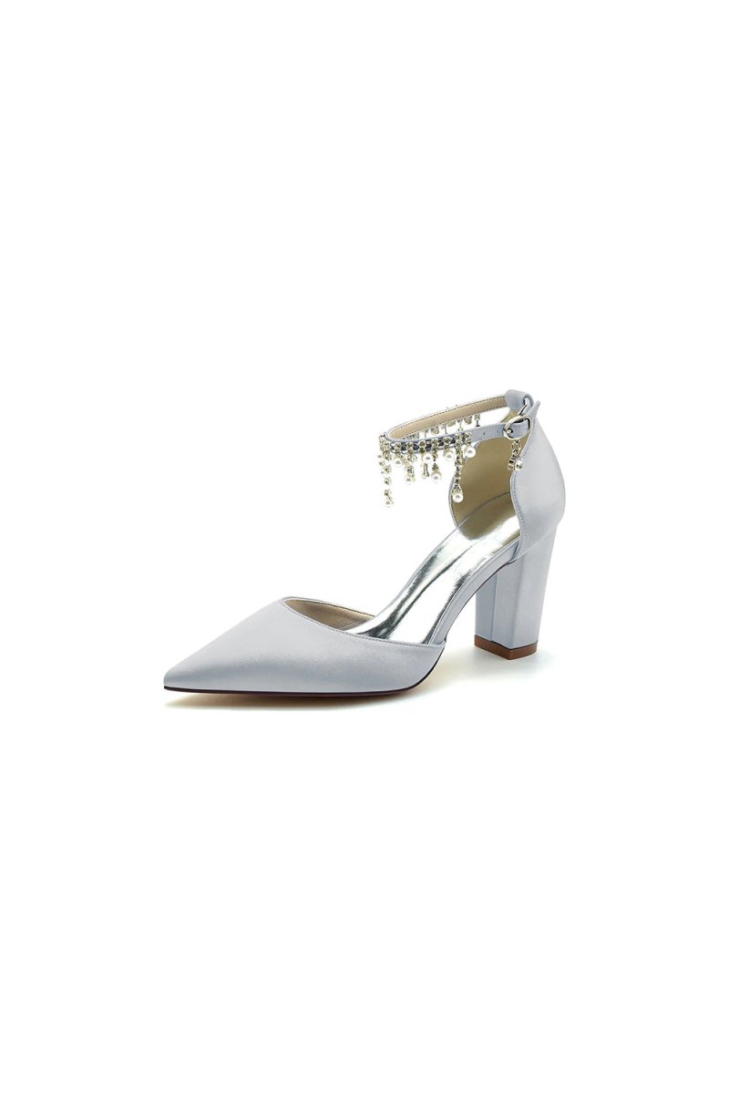 Pearl Beaded Pointed Toe Ankle Strap Chunky Heel - KissProm