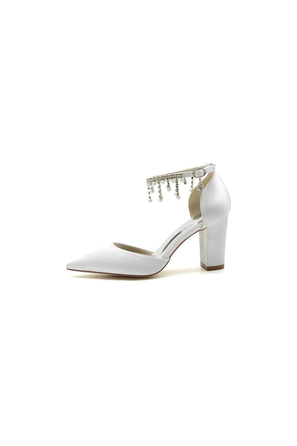 Pearl Beaded Pointed Toe Ankle Strap Chunky Heel - KissProm