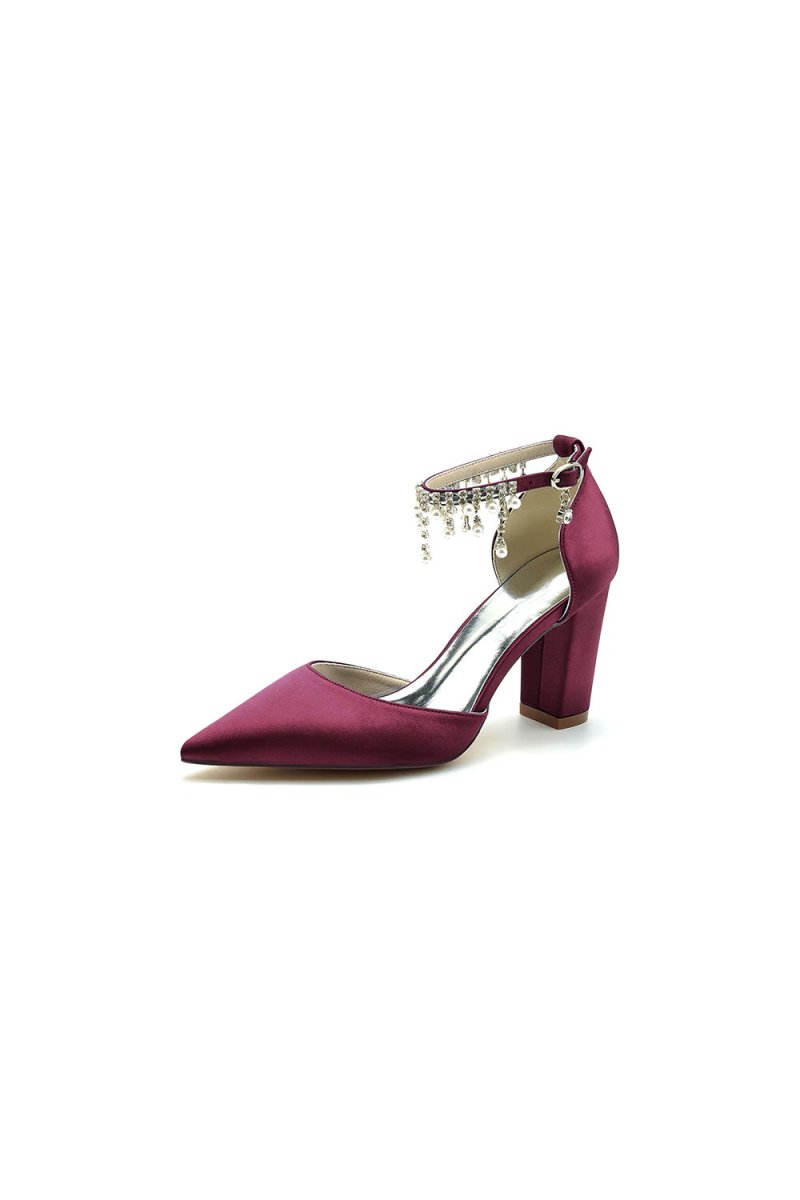 Pearl Beaded Pointed Toe Ankle Strap Chunky Heel - KissProm