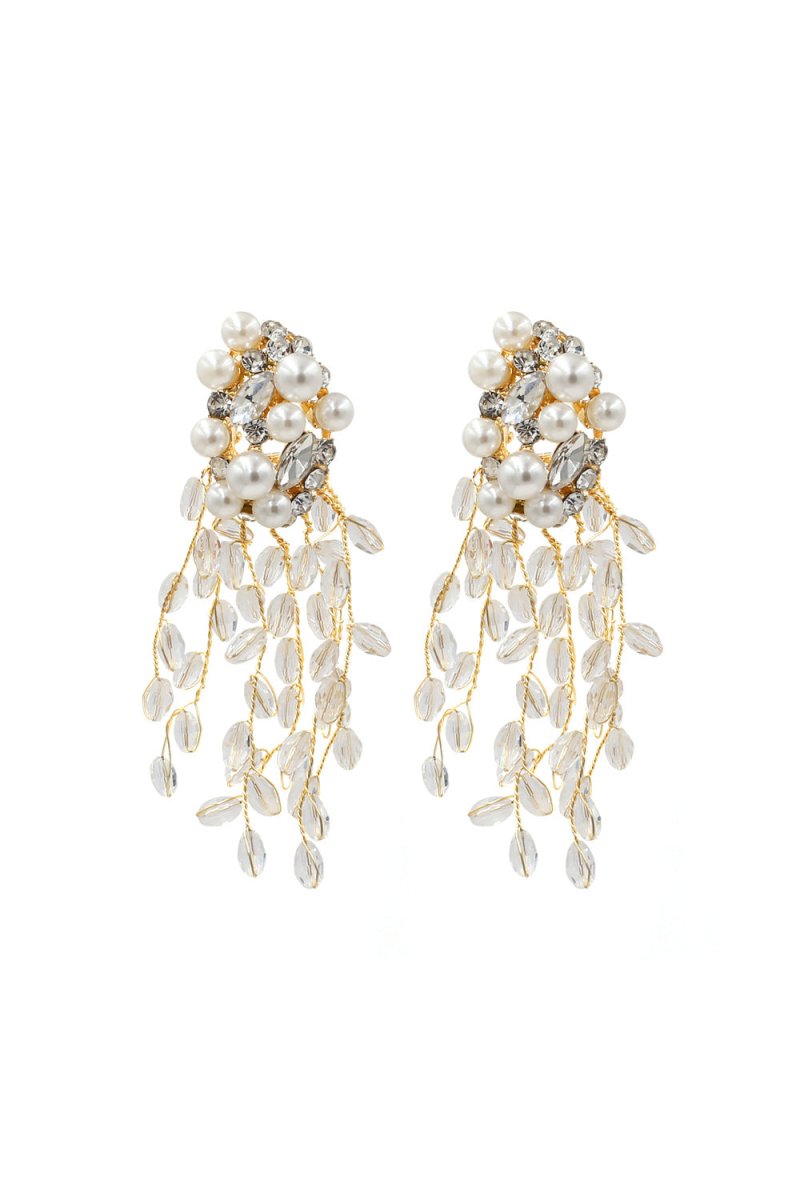 Pearl Dangle Earrings Crystal Gold Floral Hoop - KissProm