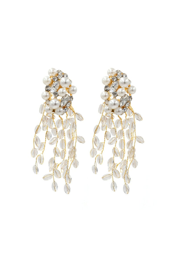 Pearl Dangle Earrings Crystal Gold Floral Hoop - KissProm