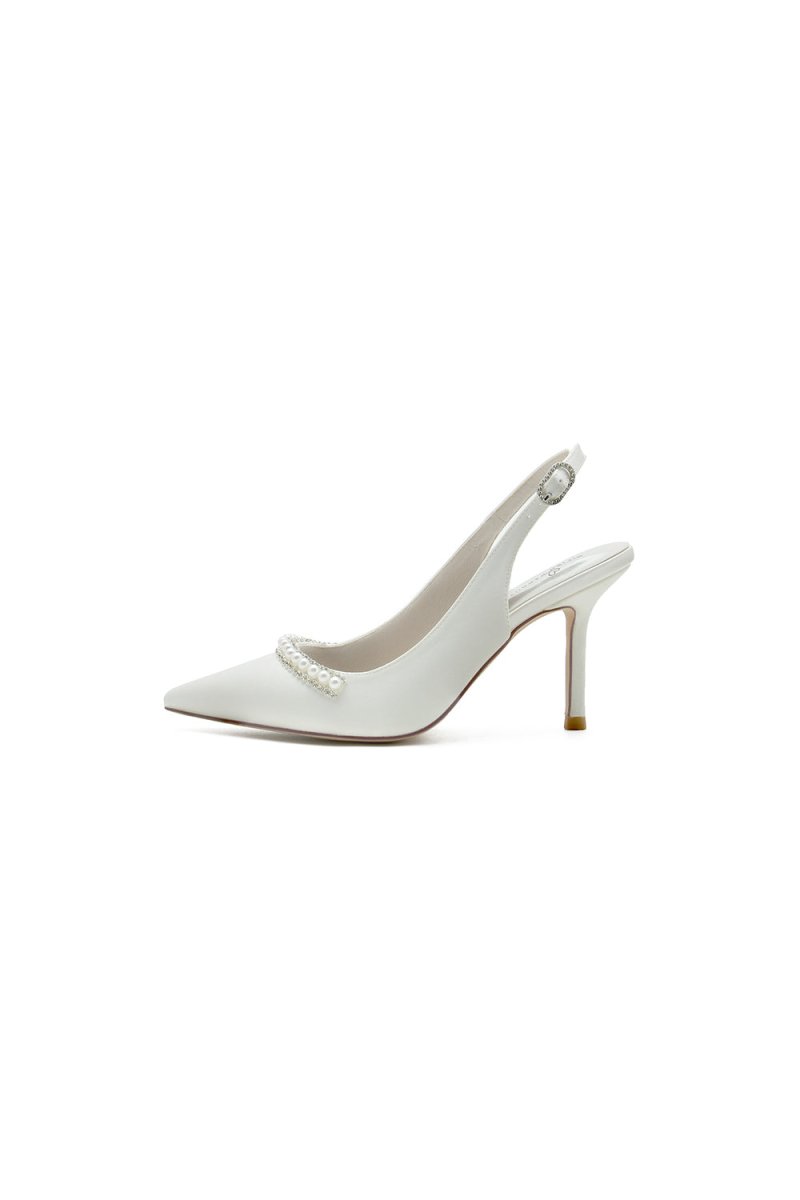 Pearl Embellished Peep Toe Slingback High Heels - KissProm
