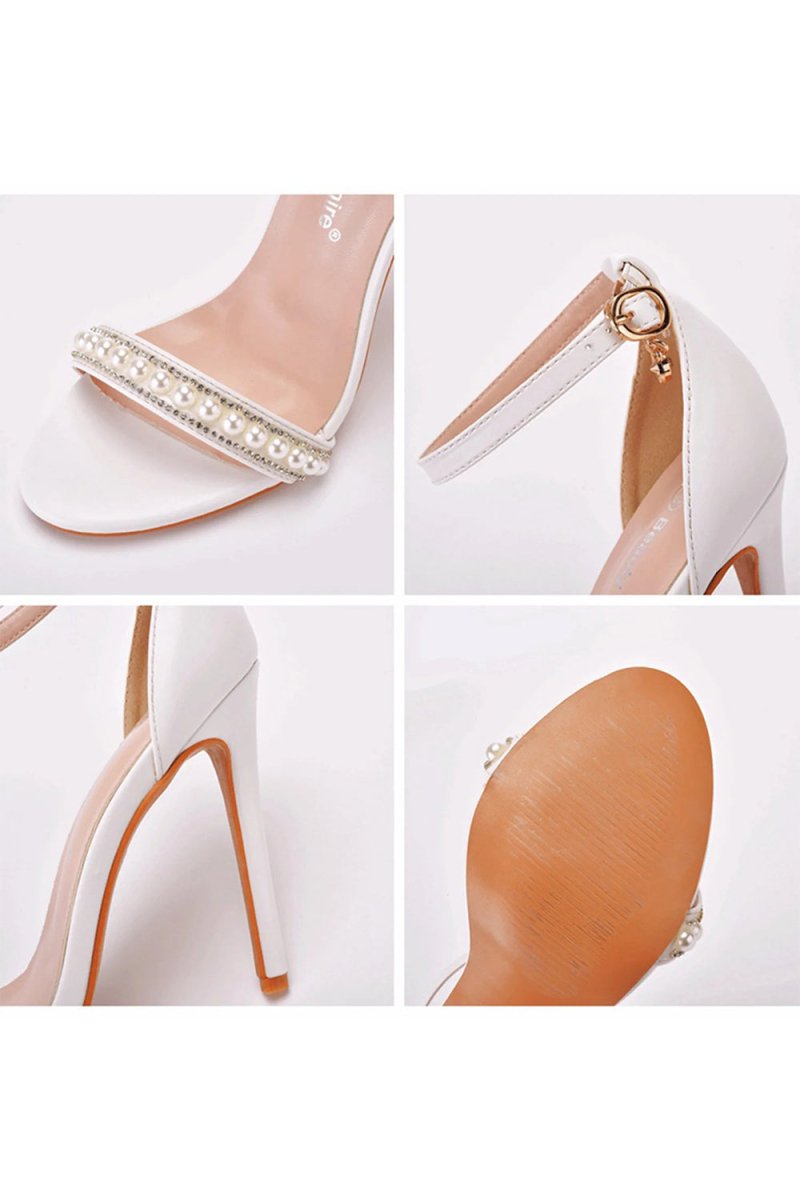 Pearl - Embellished White Ankle - Strap Stiletto Heels - KissProm