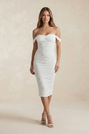 Pearl Off - the - Shoulder Sheath Ruched Midi Wedding Dress in White - KissProm Wedding Dresses