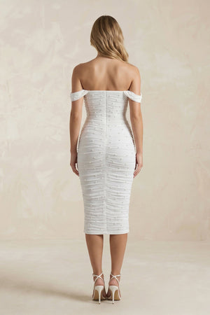 Pearl Off - the - Shoulder Sheath Ruched Midi Wedding Dress in White - KissProm Wedding Dresses